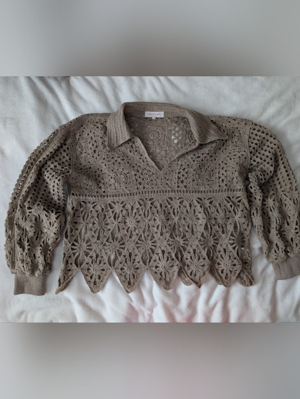Solitaire Crochet Knit Collared Sweater in Taupe